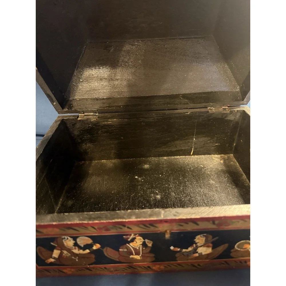 Vintage Anglo Raj Hand Painted Wooden Jewelry Box Indian Rajasthani Folk Art